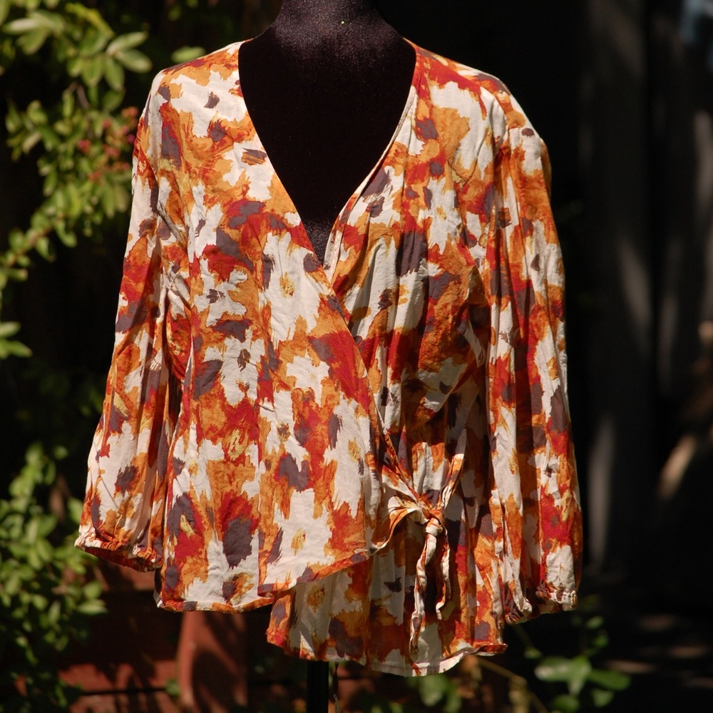 J Jill  Orange Floral Wrap Blouse